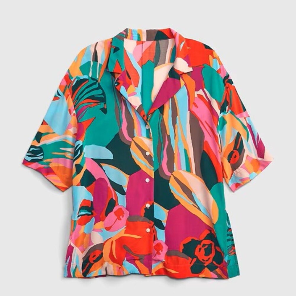 GAP Multicolor Tropical Oversized Vacay Short Sleeve Shirt Size XL Tall